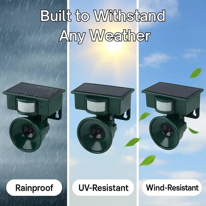 Bird repellent device with motion sensor in a garden, actively protecting plants. Effective yard defender.
