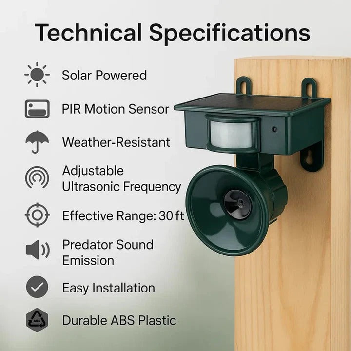 Automatic bird repellent device, easy setup for yard protection. Motion sensor technology for humane pest control.