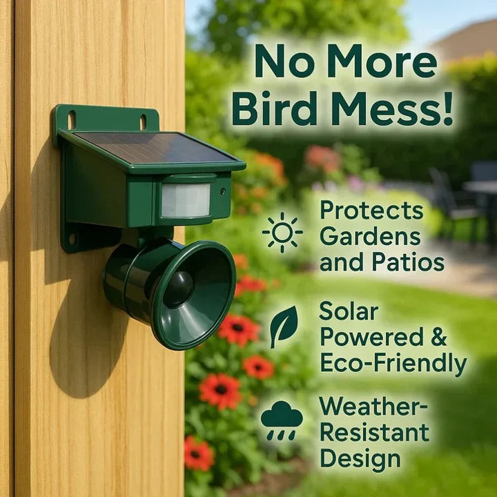 Humane motion sensor bird repellent device for outdoor use. Keeps birds away from gardens, patios & farms safely.