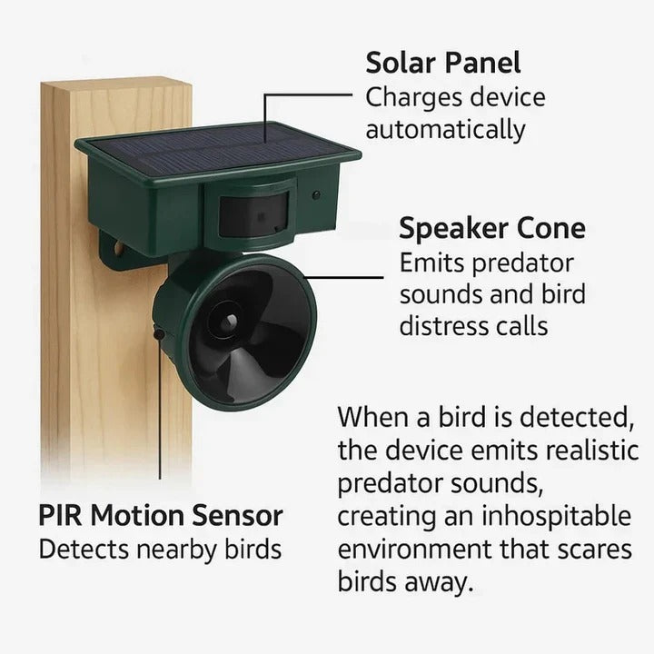 Automatic bird repellent with advanced motion sensor, providing continuous yard protection & garden pest control.