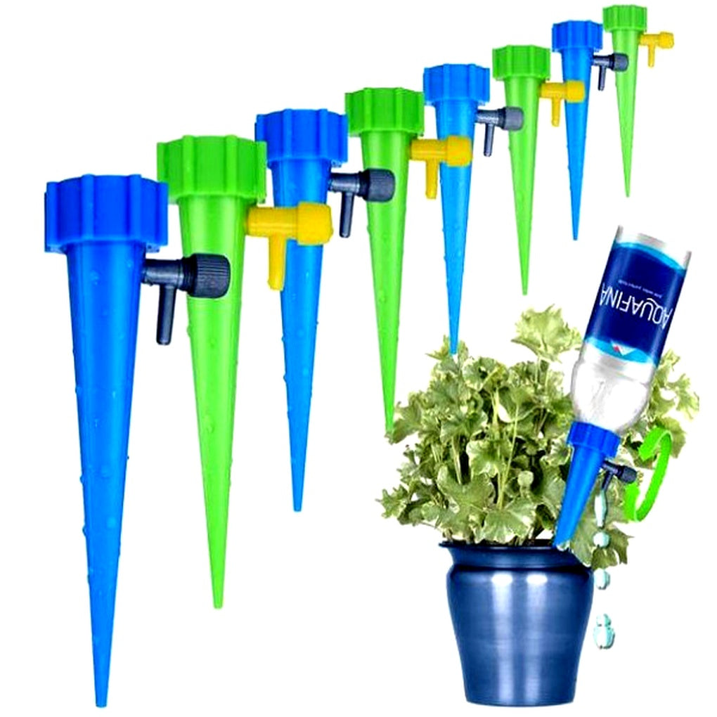 Hands-free 12-pack automatic plant watering spikes. Ideal for vacation plant care & consistent hydration.