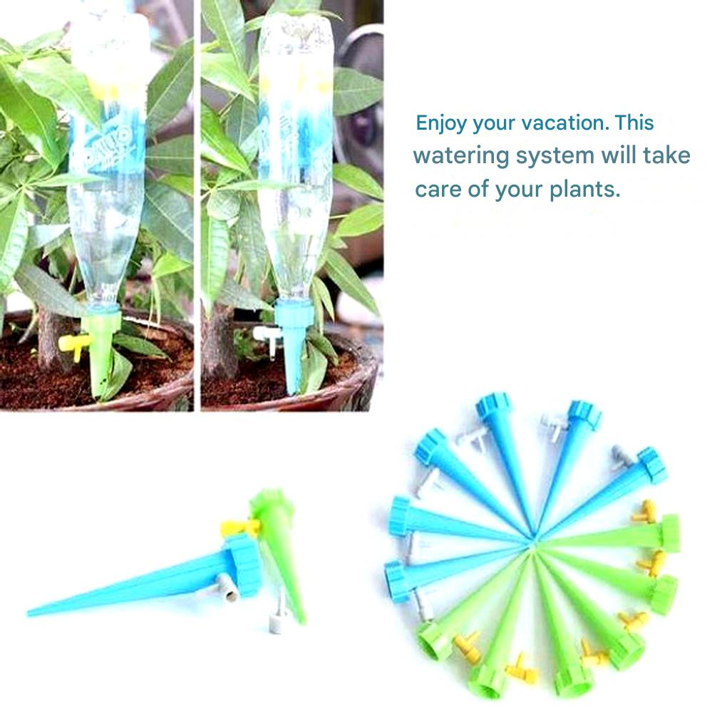 Adjustable flow automatic plant watering spikes (12-pack). Self-watering system for diverse plant needs & sizes.