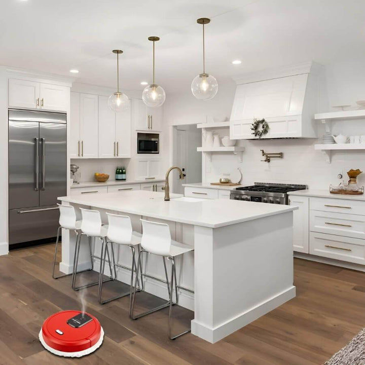 Robot mop automatically cleans tile & wood floors. Rechargeable, hands-free smart home appliance.