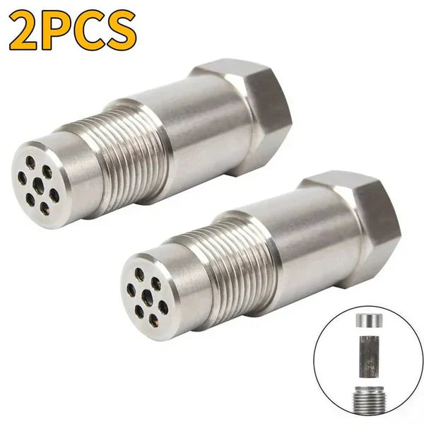 Stainless steel O2 oxygen sensor spacer with mini catalyst for automotive exhaust repair.