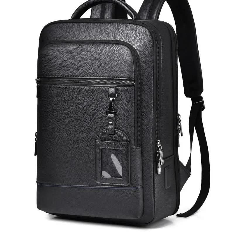 Business travel smart backpack, black PU leather, for laptops & organized packing, modern aesthetic.