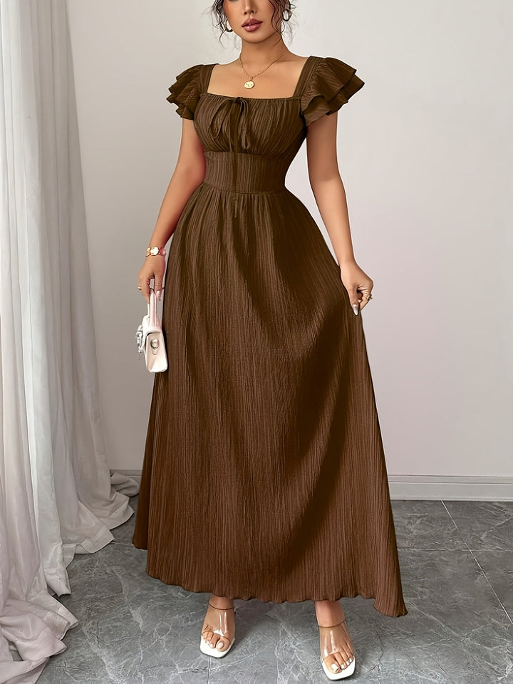 Elegant women's brown square neck maxi dress with smocked waist. Perfect A-line long summer or formal wear.