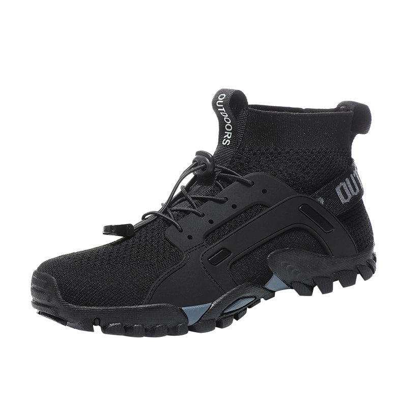 Black men's flexible sock shoes, lightweight & comfortable, ideal for travel.