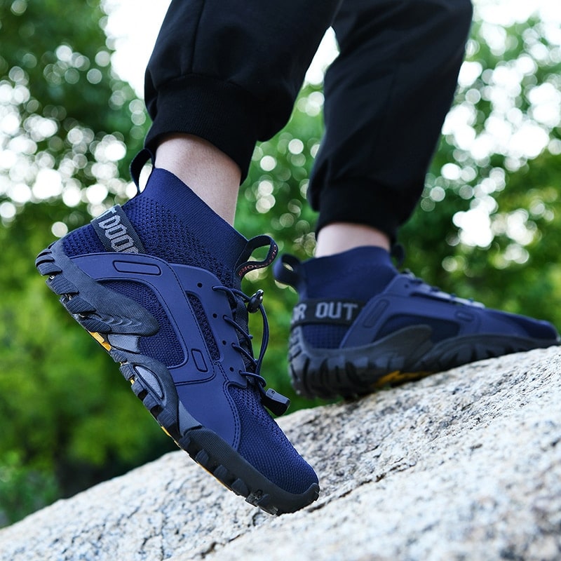 Flexible men's walking sock shoes, non-slip sole, perfect for active outdoor use.