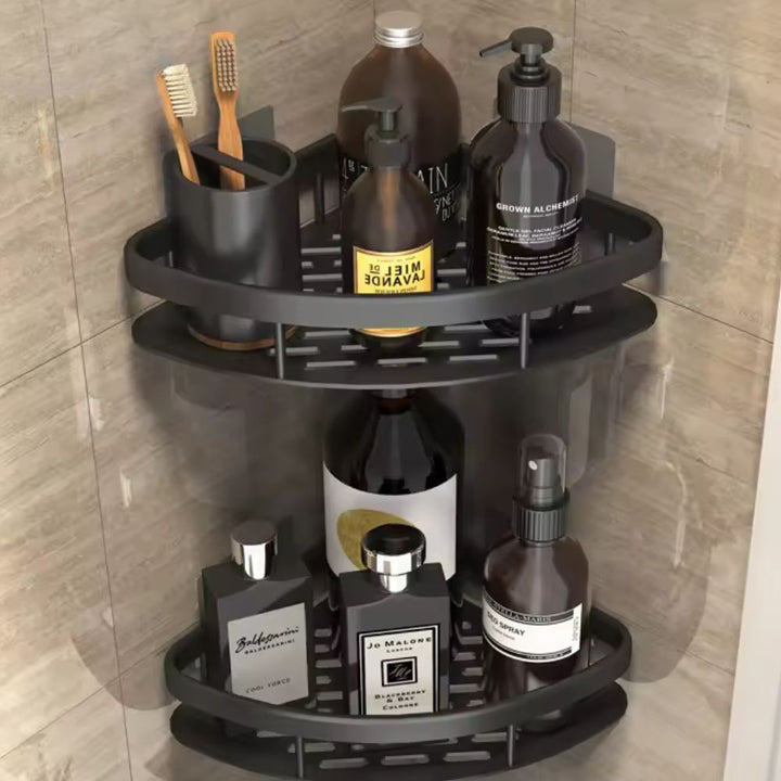 Black 2-tier rustproof wall-mounted shower organizer. Modern metal shower caddy for bathroom storage & space-saving.