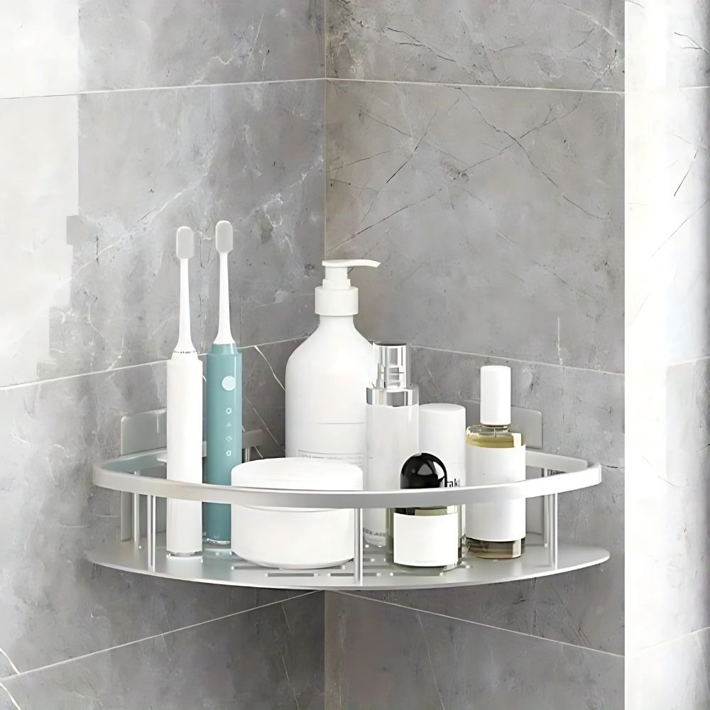 Sleek silver 1-tier wall-mounted shower caddy. Rustproof metal bathroom shelf for shampoo & bath accessories.