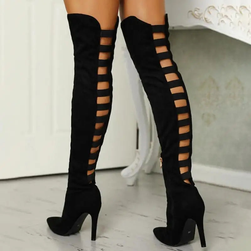 Black cutout over-the-knee high heel boots for women, perfect for party wear and fashion.
