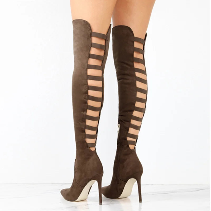 Fashionable women's over-the-knee boots with cutout details, available in black, brown, and apricot.