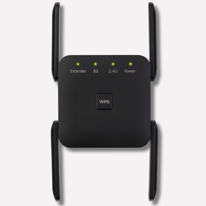 Black dual-band WiFi extender, 1200 Mbps. Boosts 2.4/5Ghz signal for seamless home & office internet, eliminates dead zones.