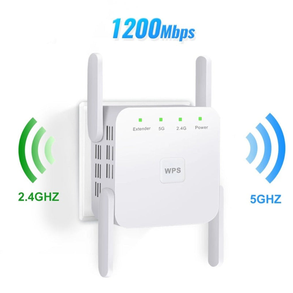 1200 Mbps dual-band WiFi booster. Black wireless repeater extends 2.4Ghz/5Ghz internet signal for strong home/office connectivity.