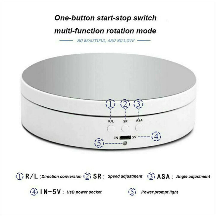 "Black electric motorized rotating display stand, round base, showcasing 360° rotation for professional photography setups."