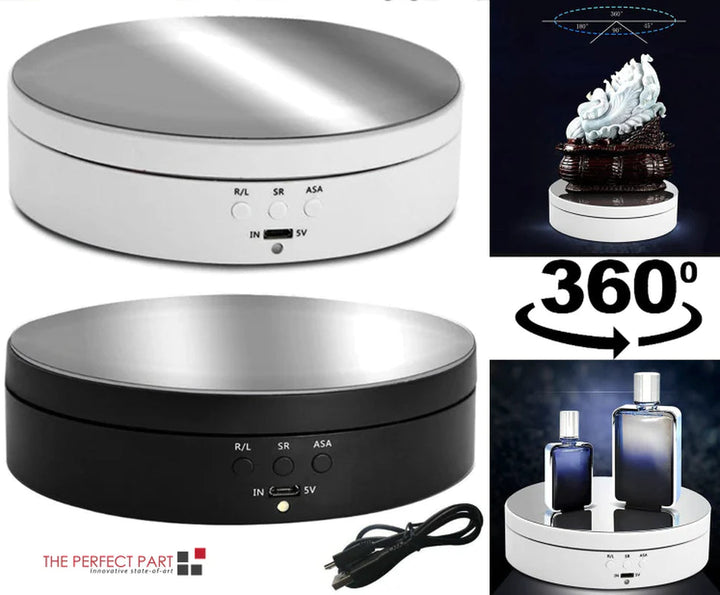 "Black electric motorized rotating display stand, round base, showcasing 360° rotation for professional photography setups."