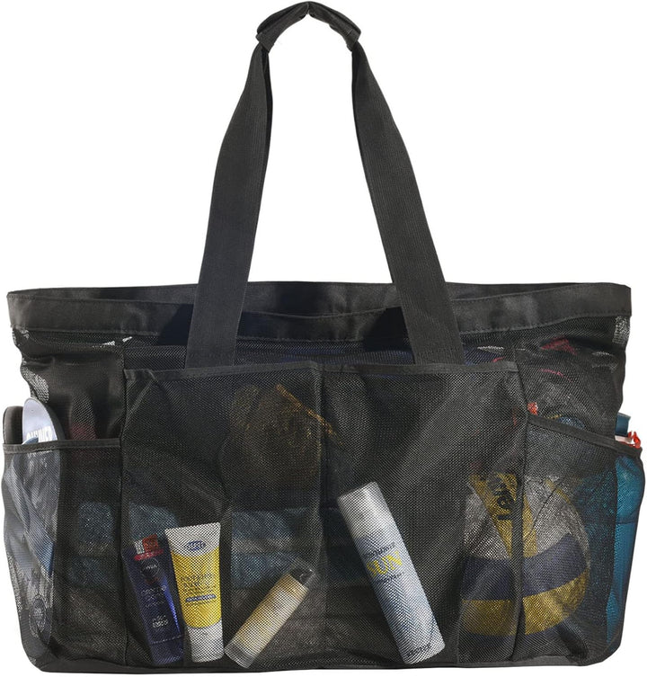 Black extra-large mesh beach tote bag, sandproof & zippered, perfect for family travel & outdoor gear.