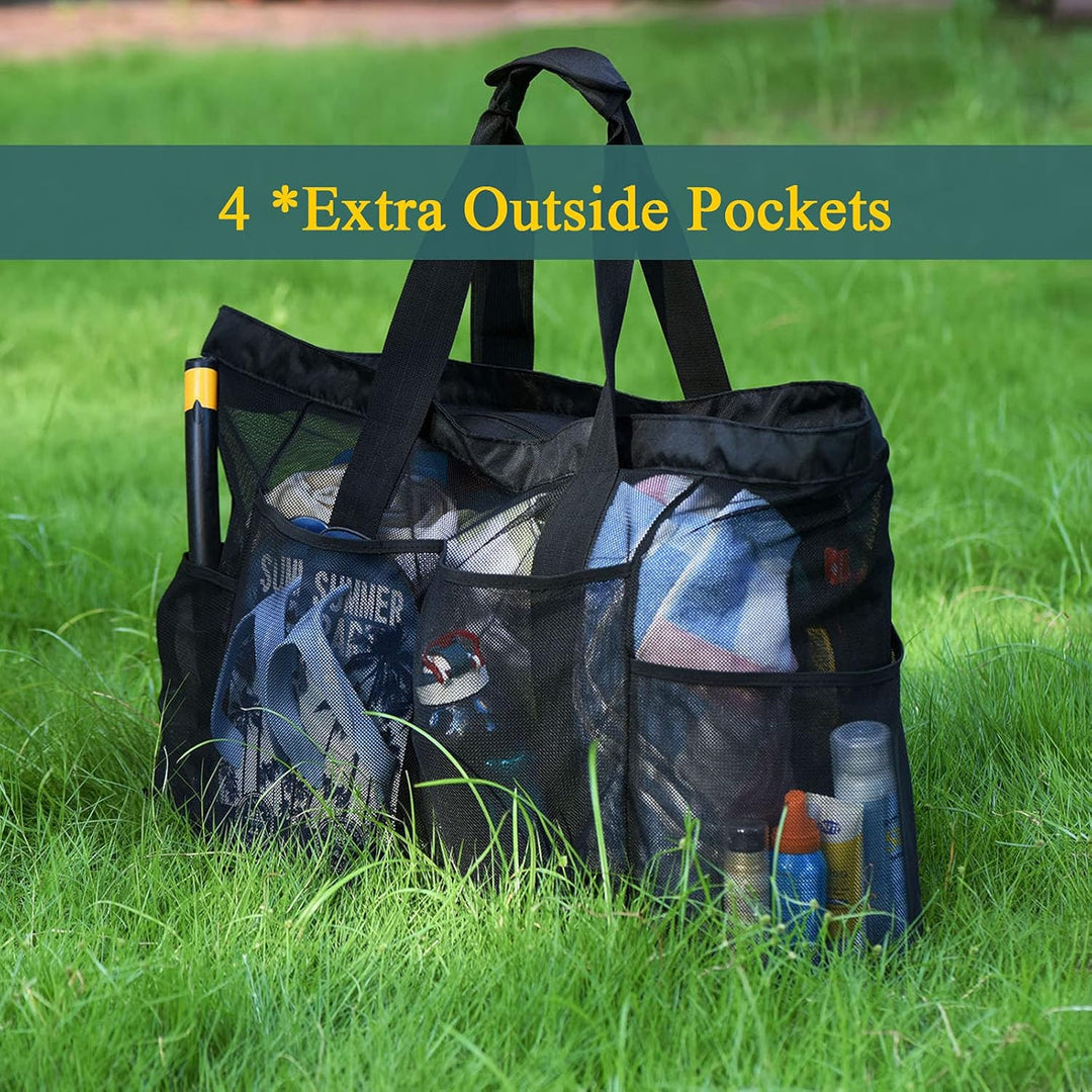 Versatile black zippered mesh travel bag, sandproof & extra-large, great for beach, pool, or outdoor activities.