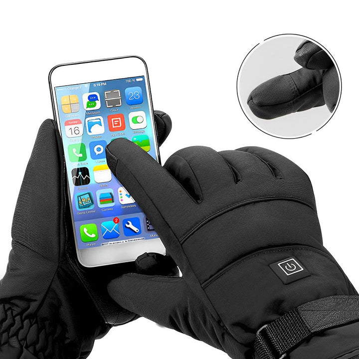 "Black heated electric gloves for men and women, adjustable heat settings, water-resistant, ideal for winter sports."