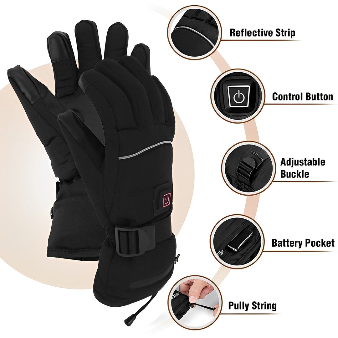 "Black heated electric gloves for men and women, adjustable heat settings, water-resistant, ideal for winter sports."