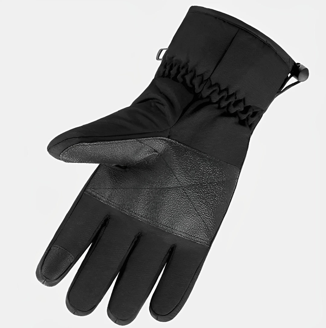 "Black heated electric gloves for men and women, adjustable heat settings, water-resistant, ideal for winter sports."