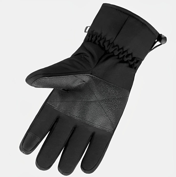 "Black heated electric gloves for men and women, adjustable heat settings, water-resistant, ideal for winter sports."