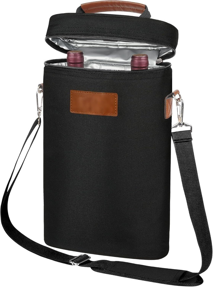 Black insulated dual wine bottle travel carrier bag for picnics & travel. Keeps drinks cool.