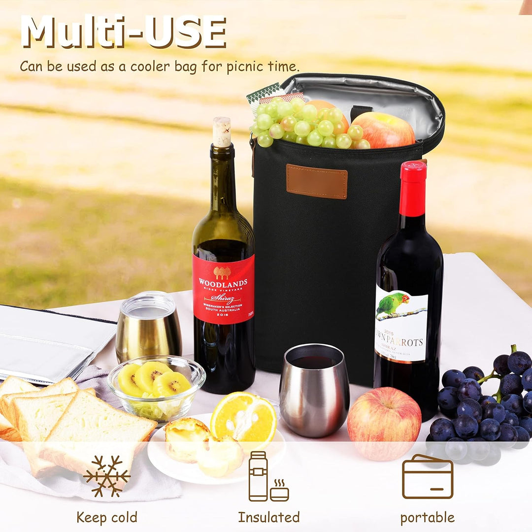 Insulated dual wine bottle carrier bag with shoulder strap. Perfect for picnics, travel, & keeping wine chilled.