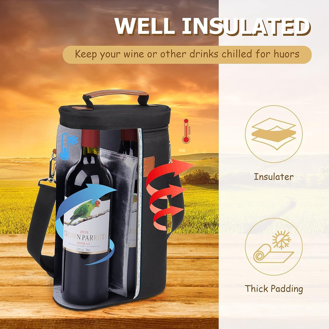 Secure padded dual wine bottle carrier bag. Protects bottles during travel, picnics, and outdoor gatherings.