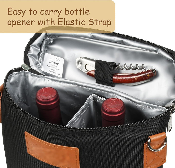 Versatile insulated beverage cooler bag. Carries two wine bottles securely, great for travel & outdoor enjoyment.