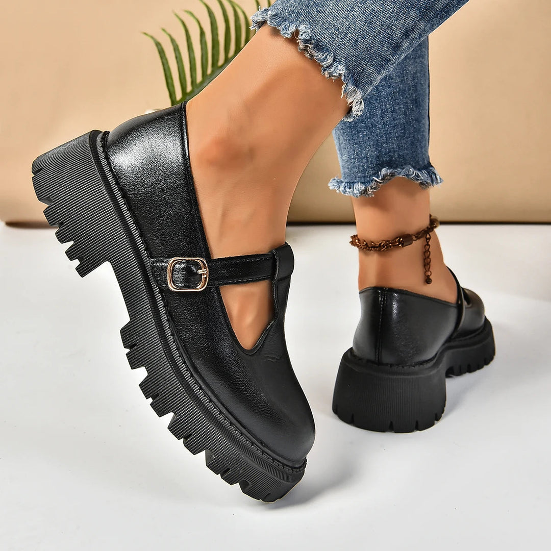 Elegant black women's orthopedic Mary Jane dress shoes with platform sole, offering excellent foot support and comfort.