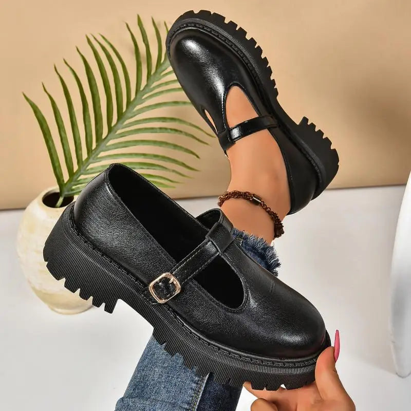 Stylish women's orthopedic platform T-strap Mary Jane shoes with buckle closure, designed for ultimate comfort.