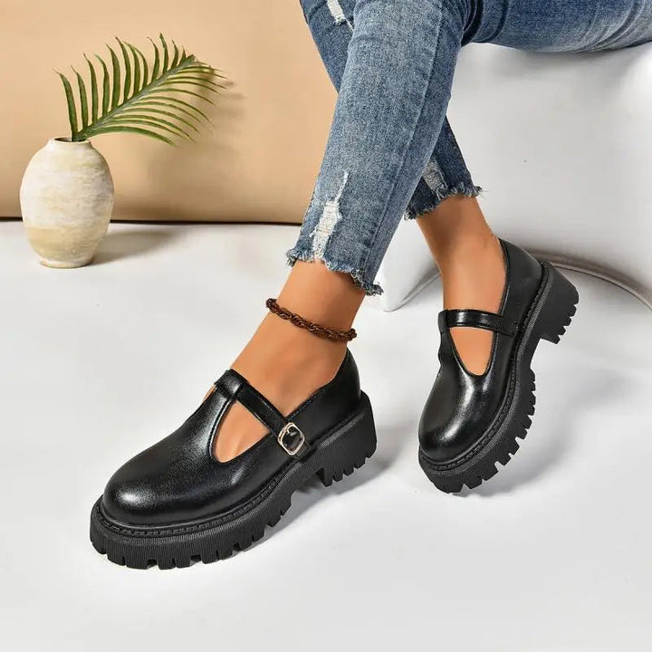 Comfortable black orthopedic platform Mary Jane walking shoes for women, perfect for daily wear and foot support.