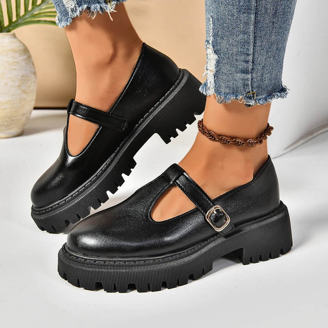 Women's orthopedic platform Mary Jane shoes featuring a T-strap, buckle, and cushioned sole for all-day comfort.