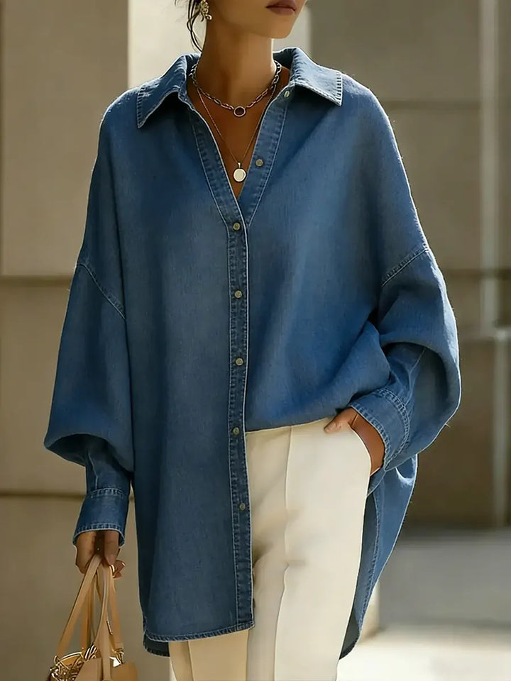 Blue women's loose fit casual shirt, perfect for everyday comfort & relaxed style. Long sleeve versatile top.
