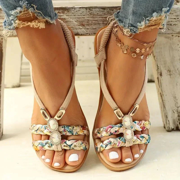 Casual women's summer sandals, featuring a unique boho beaded design & easy slip-on fit.