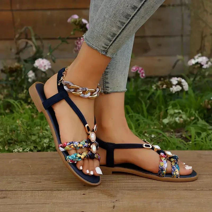 Women's boho beaded slip-on sandals, perfect for summer beachwear & casual comfort.