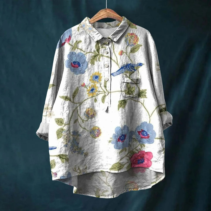 Botanical floral print women's relaxed shirt with turn-down collar, showcasing earthy design and casual elegance.