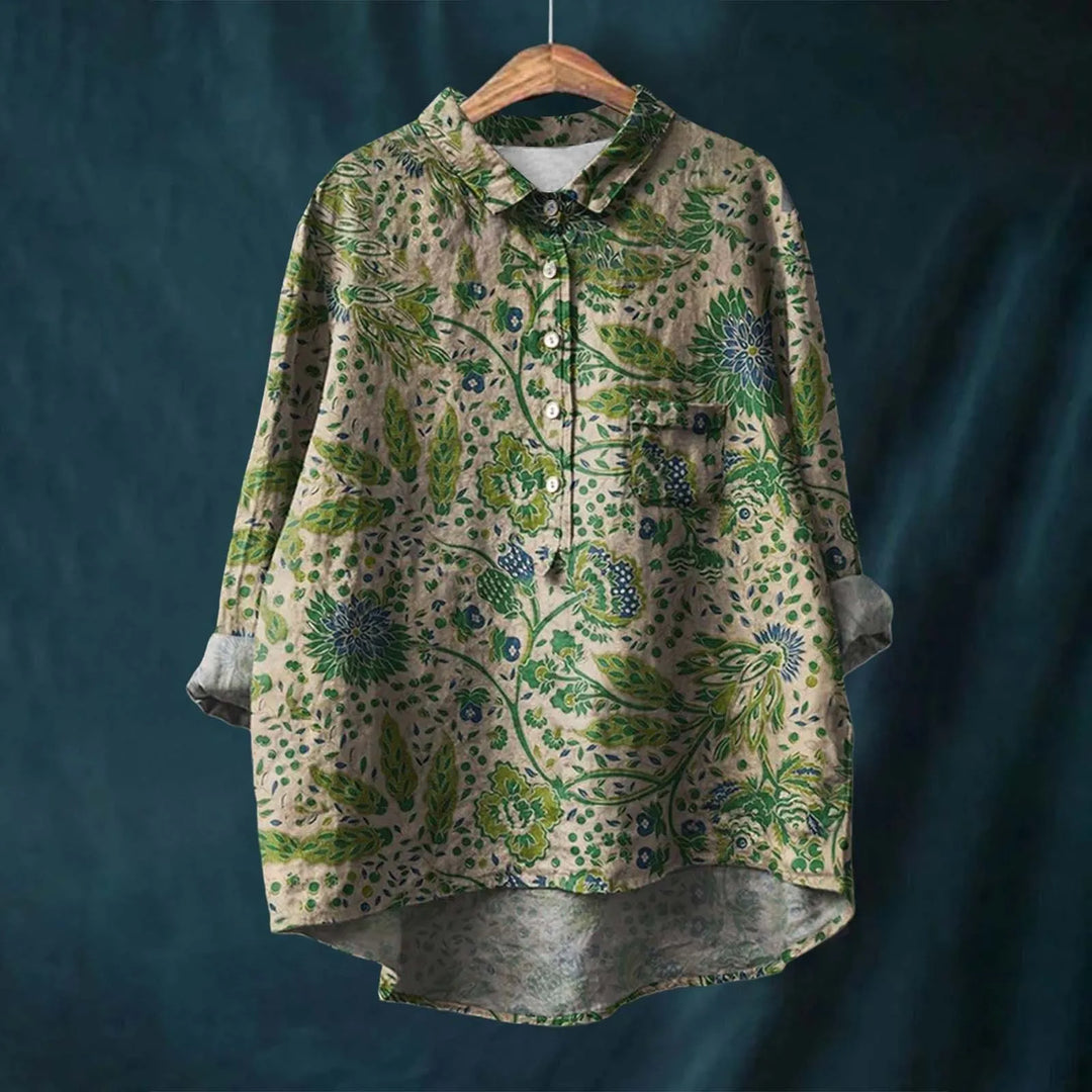 Botanical floral print women's relaxed shirt with turn-down collar, showcasing earthy design and casual elegance.