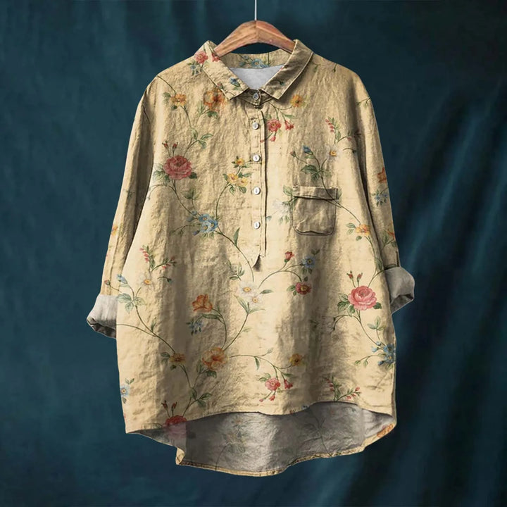 Botanical floral print women's relaxed shirt with turn-down collar, showcasing earthy design and casual elegance.