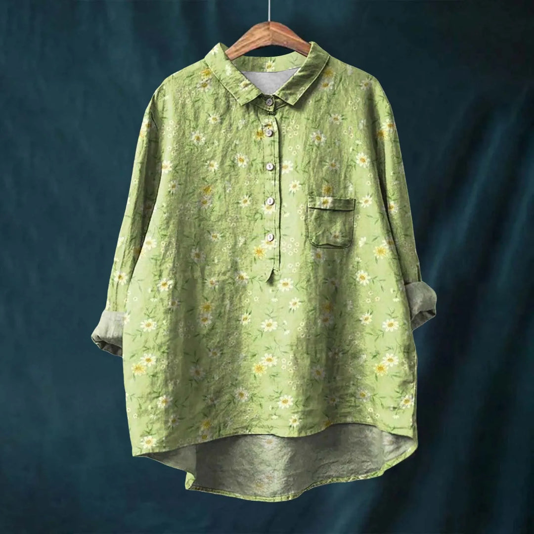 Botanical floral print women's relaxed shirt with turn-down collar, showcasing earthy design and casual elegance.