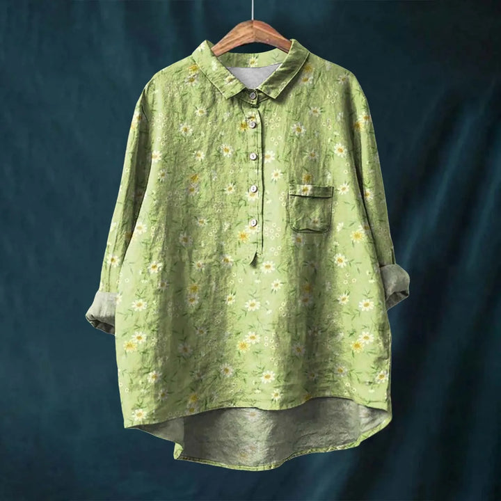 Botanical floral print women's relaxed shirt with turn-down collar, showcasing earthy design and casual elegance.