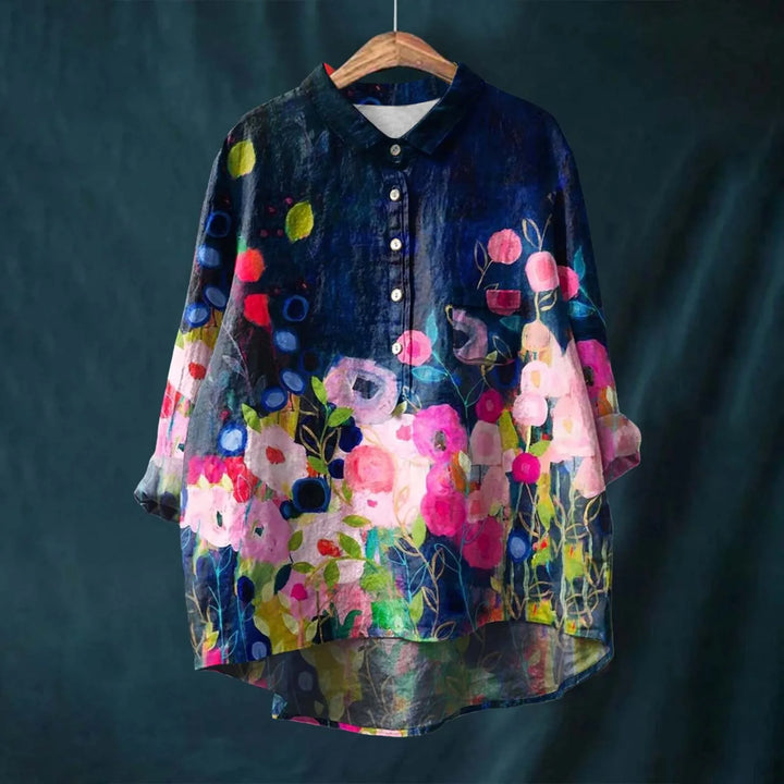 Botanical floral print women's relaxed shirt with turn-down collar, showcasing earthy design and casual elegance.