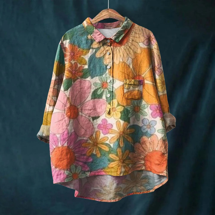 Botanical floral print women's relaxed shirt with turn-down collar, showcasing earthy design and casual elegance.