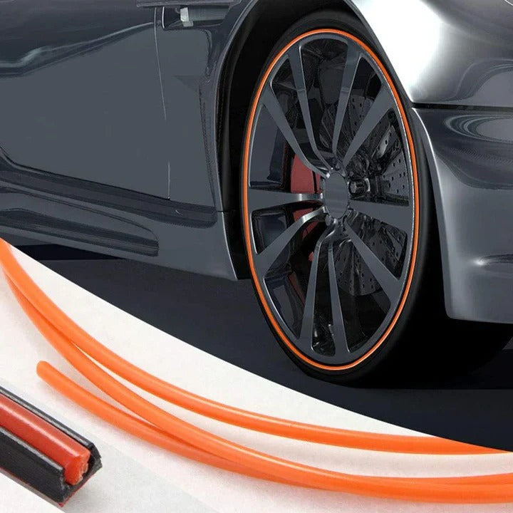 Car wheel rim protector, black, guards against scratches & curb damage. DIY install automotive accessory.