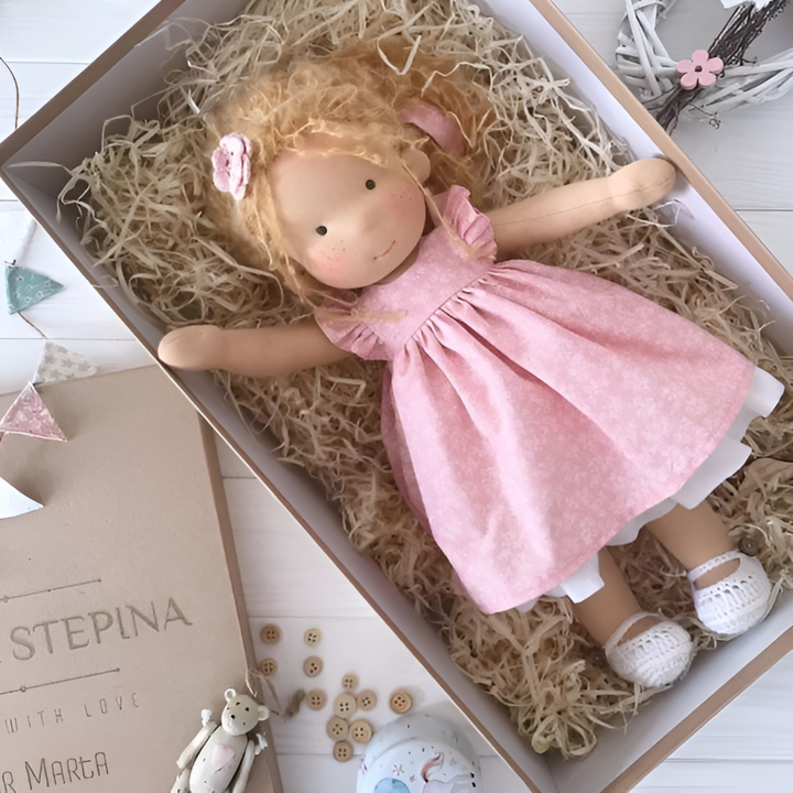 Child-friendly Waldorf doll, soft & cuddly, promoting imaginative and creative play.