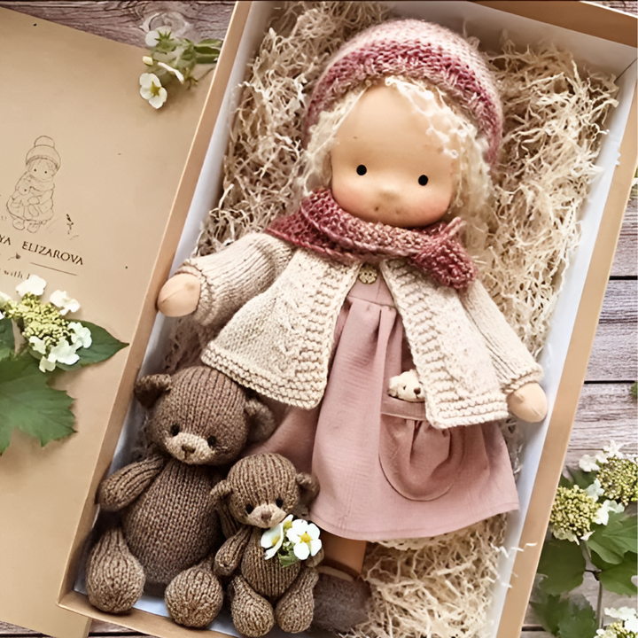 Sweet Waldorf doll, soft wool-cotton, an ideal cuddly toy for imaginative play.