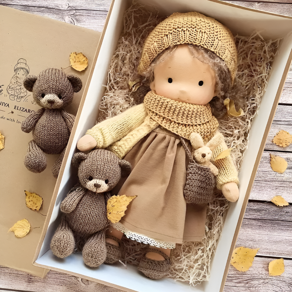 Eco-conscious Waldorf doll, soft wool-cotton, fostering imaginative play naturally.
