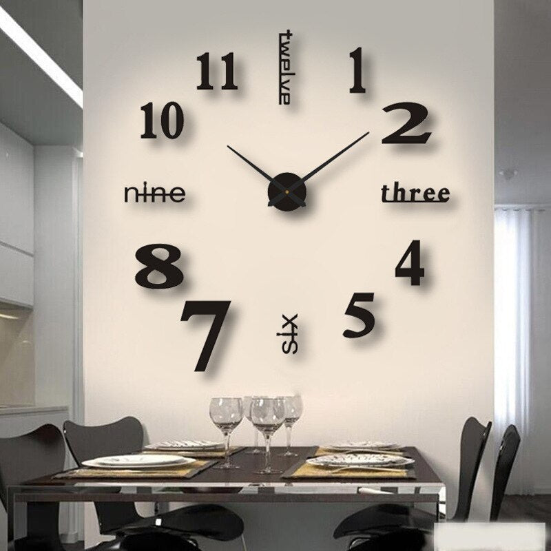Modern frameless DIY wall clock with adhesive acrylic numbers & EVA foam. Silent, large, minimalist home decor.