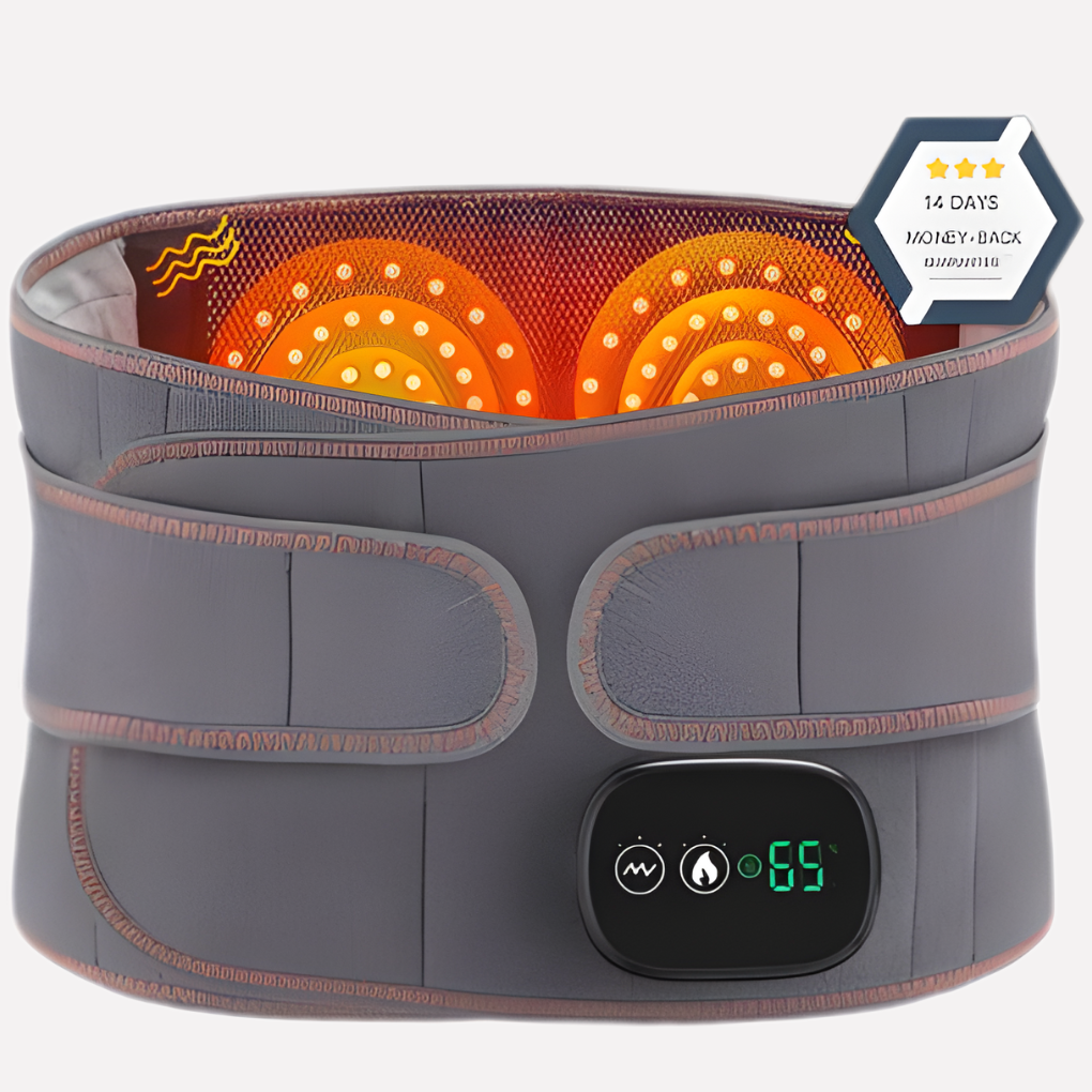 Unisex infrared heating waist massage belt providing deep pain relief, muscle relaxation with vibration and red light therapy.